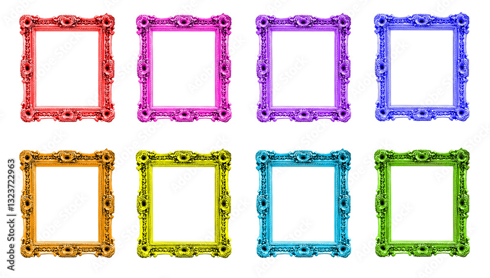 Collection set of colorful baroque old antique picture frames, isolated on white or transparent background, png cut out