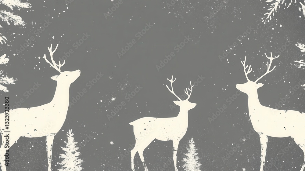Fototapeta premium Elegant Gray Christmas Background with White Deer, Snowflakes, and Pine Branches.