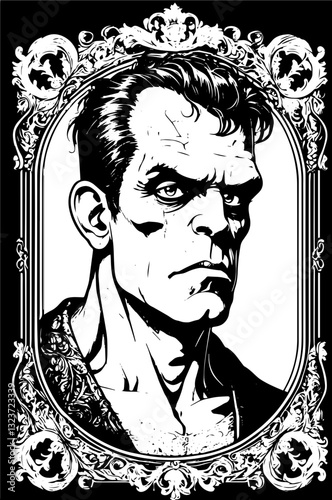 SVG vector features symbolic Frankenstein designs in artistic style. Black and White Portrait of a Strong Man in Vintage Style