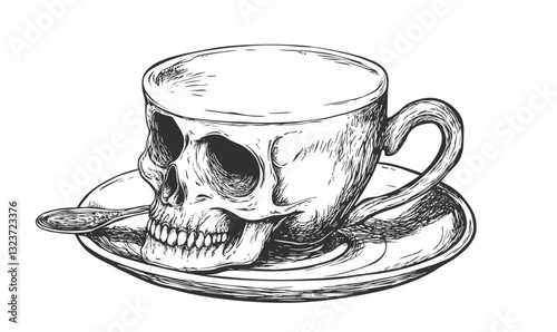 Skull teacup on saucer with spoon vector, linear style icons set.