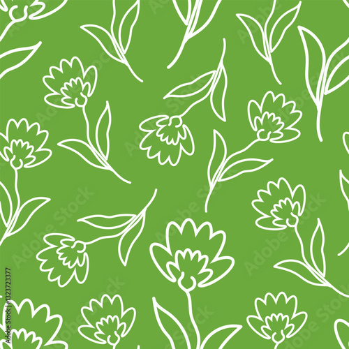 Seamless pattern white outline doodle flowers on green background - color vector illustration for fabric design, packaging, wallpaper