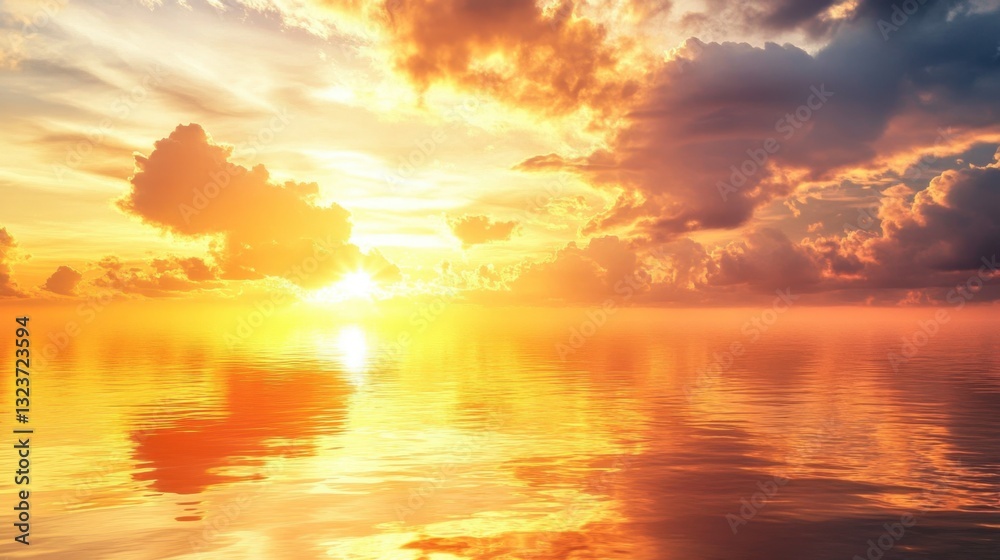 Fototapeta premium A majestic sunrise over a calm sea with the soft golden light casting reflections on the water.