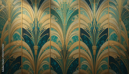 Art Deco Teal and Gold Geometric Wall Panel Design