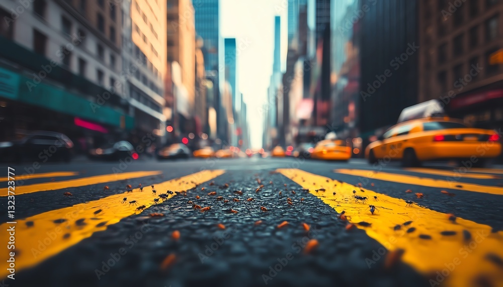 Obraz premium Low angle view of a city street with yellow lines, blurred background of skyscrapers and taxis. Urban cityscape, street photography.