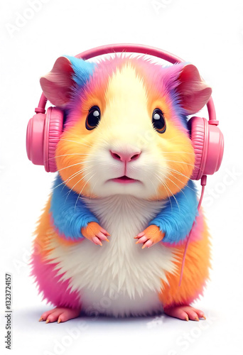 Colorful Guinea Pig with Headphones Cute Music Lover Pet	
