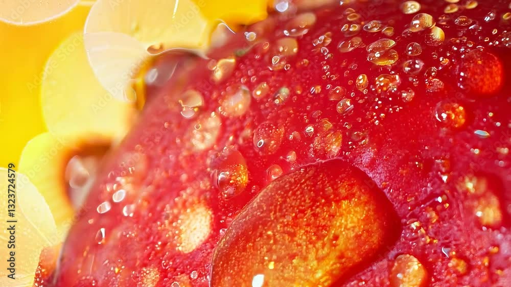 A macro shot of a red petal covered in glistening droplets, reflecting warm golden light in the background.