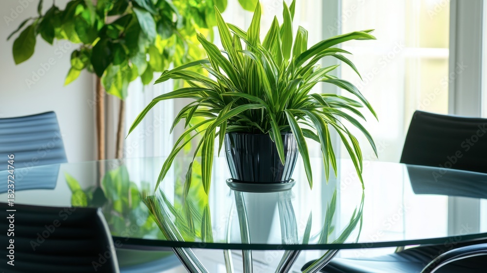 Fototapeta premium A minimalist meeting space featuring an oval glass table, ergonomic chairs, and potted plants for a touch of nature.