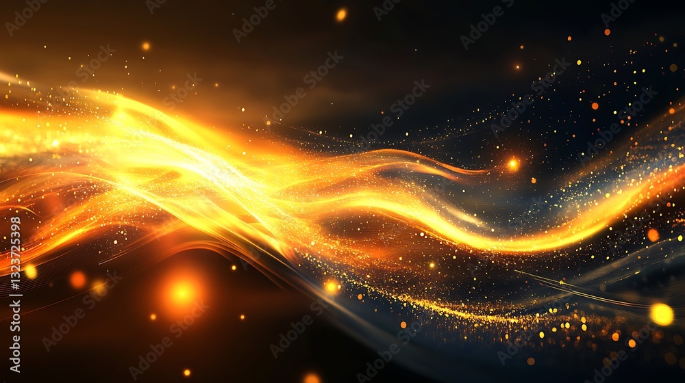 Obraz premium Abstract Golden Light Wave Background: Stunning Illustration with Sparkles and Dynamic Energy for Modern Designs.
