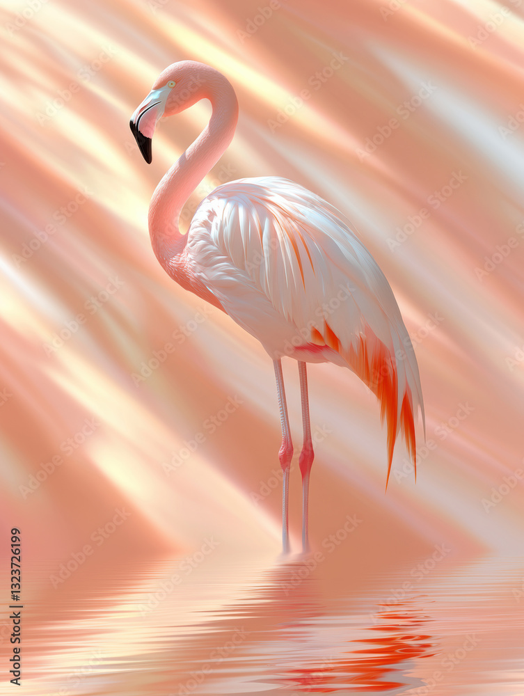 Fototapeta premium A graceful flamingo stands elegantly, reflected in shimmering waters, set against a dreamy pink and orange backdrop, evoking a serene ambience.