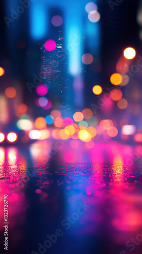 Neon City Nights: A vibrant, blurred night scene of city lights shimmering on a wet street. Colorful bokeh effect adds a touch of magic and energy.