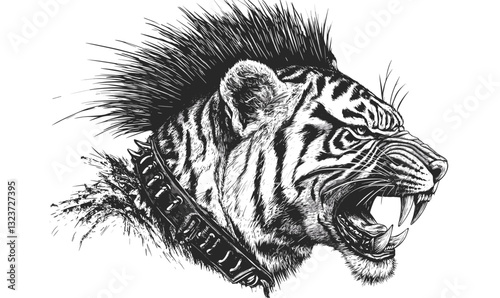 Fierce roaring tiger with spiked collar, linear wild animal icons set, vector.