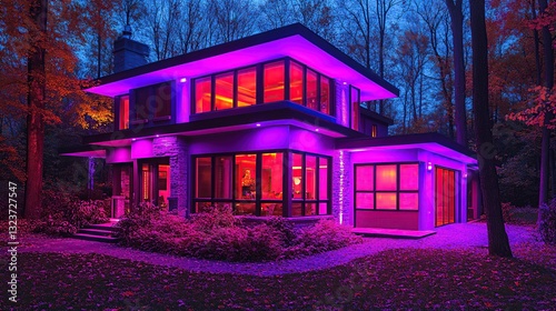 Modern home with vibrant LED lighting at night photo