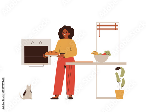 black young woman baking sourdough bread in the domestic kitchen. young female puts baguette in the electric oven. Healthy food and cooking at home. vector illustration