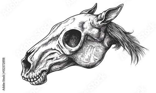 Horse skull line drawing - detailed animal anatomy skeleton, equestrian, bone art - linear icons set, vector.