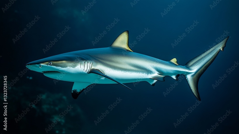A sleek shark swims gracefully through the ocean depths, embodying power and elegance in its natural aquatic environment. A sleek shark swims gracefully through the ocean depths, embodying power and elegance in its natural aquatic environment.
