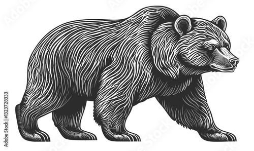 Majestic walking bear in detailed black and white design, linear style icons set, vector.