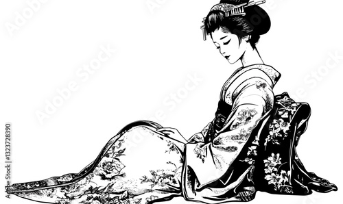 Traditional japanese woman in kimono, sitting pose, floral pattern, art, linear icons set, vector.