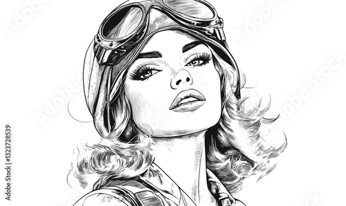 Vintage aviator woman portrait with goggles, hat, and curly hair, flat icons set, vector.