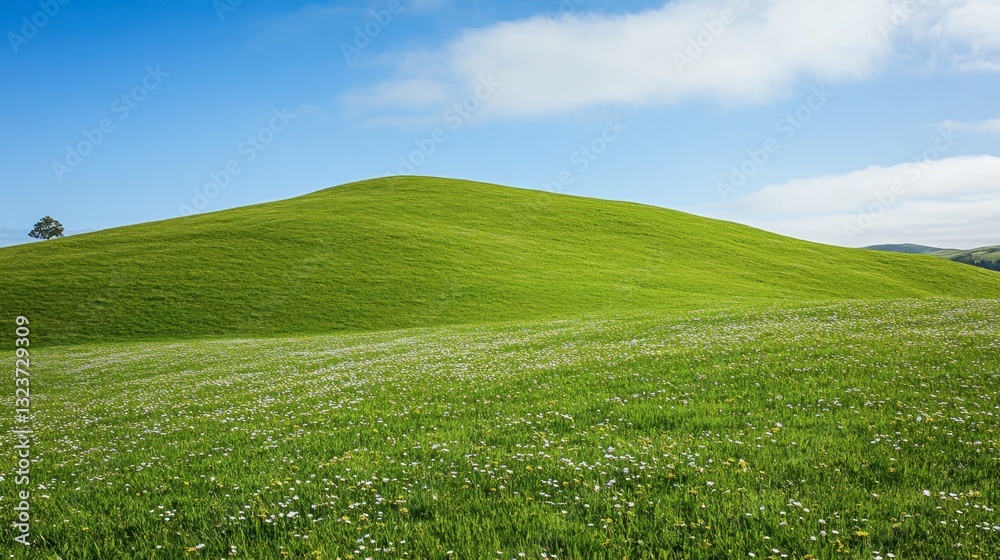 A rolling hill covered with bright green grass and patches of wildflowers, stretching toward the horizon. A rolling hill covered with bright green grass and patches of wildflowers, stretching toward the horizon.