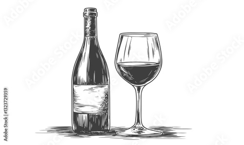 Wine bottle and glass drawing in linear style, icons set, vector.