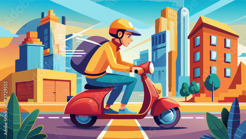 Guy in helmet while riding a scooter rides around the city,
