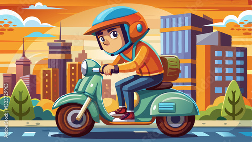 Guy in helmet while riding a scooter rides around the city,