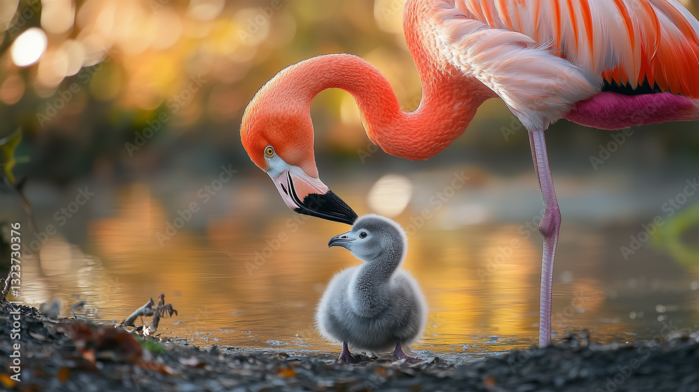 Fototapeta premium 日本のフラミンゴの親子が寄り添う愛らしい瞬間