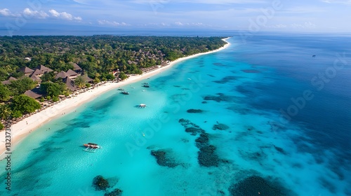 Aerial view showcases a stunning tropical beach with turquoise water