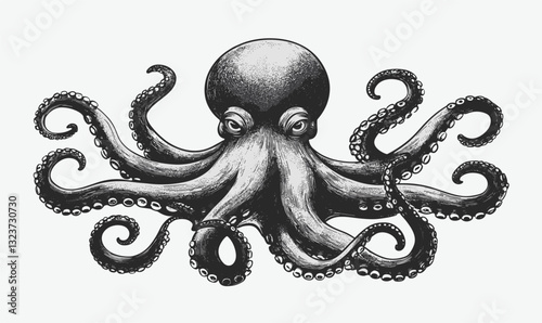 Octopus illustration with tentacles spread in monochrome style vector, linear icons set.