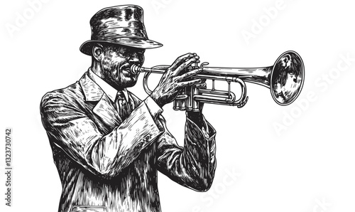 Jazz musician playing trumpet in suit and hat - linear icons set - vector.