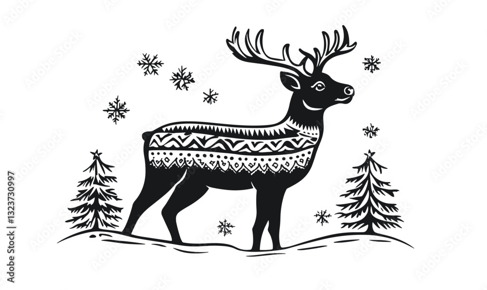 Obraz premium Stylized reindeer with snowflakes and trees, winter holiday season, linear icons set, vector.