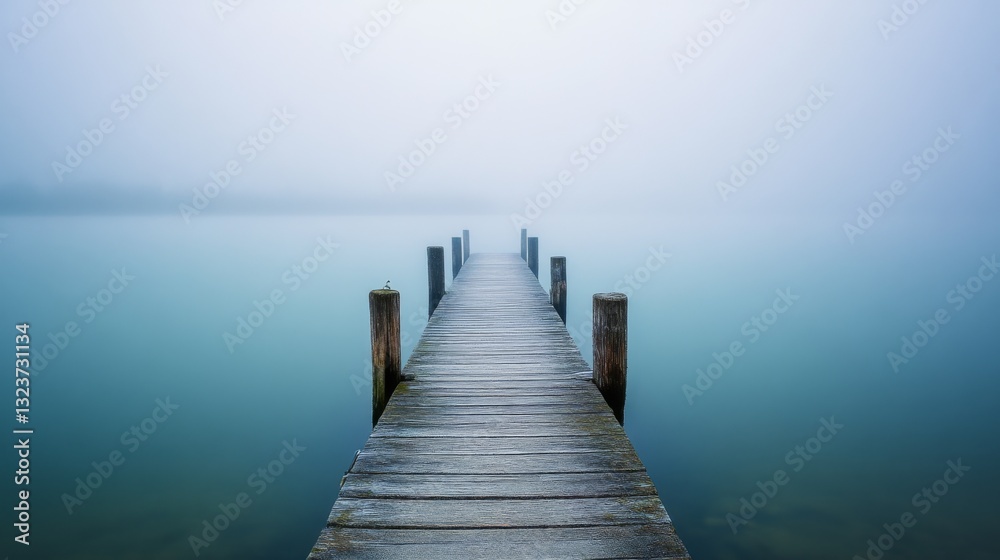 Fototapeta premium A misty dock stretches into the foggy expanse of a tranquil lake, disappearing into mystery and inviting reflection.