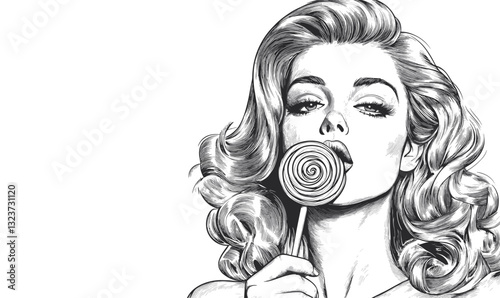 Retro woman with lollipop and wavy hair - black and white vector, linear icons set.