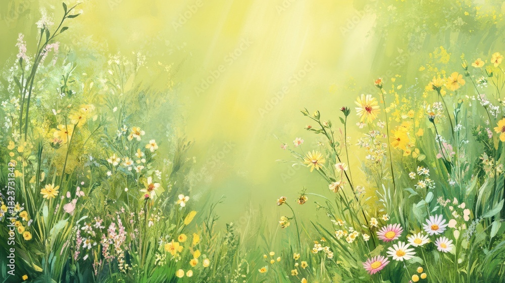 Obraz premium Impressionistic Meadow Painting with Wildflowers, Sunlight and Lush Greenery for Spring or Summer Background.