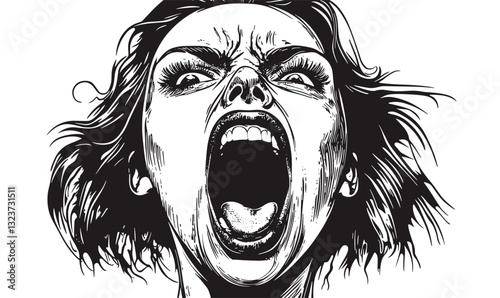 Expressive screaming woman face vector in linear style icons set.