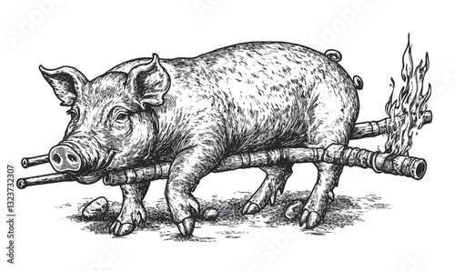 Engraved pig on spit in grayscale - vintage animal cooking illustration, linear icons set.