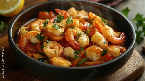 A steaming bowl of seafood medley including crab, lobster, and shrimp, beautifully garnished with parsley and lemon.