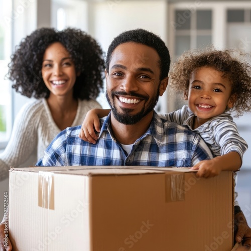 Smiling family surrounded by cardboard boxes, symbolizing moving into a new home with happiness and excitement. Generative AI.