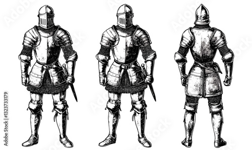 Medieval knight armor from front, side, back views, vector, linear style, icons set.