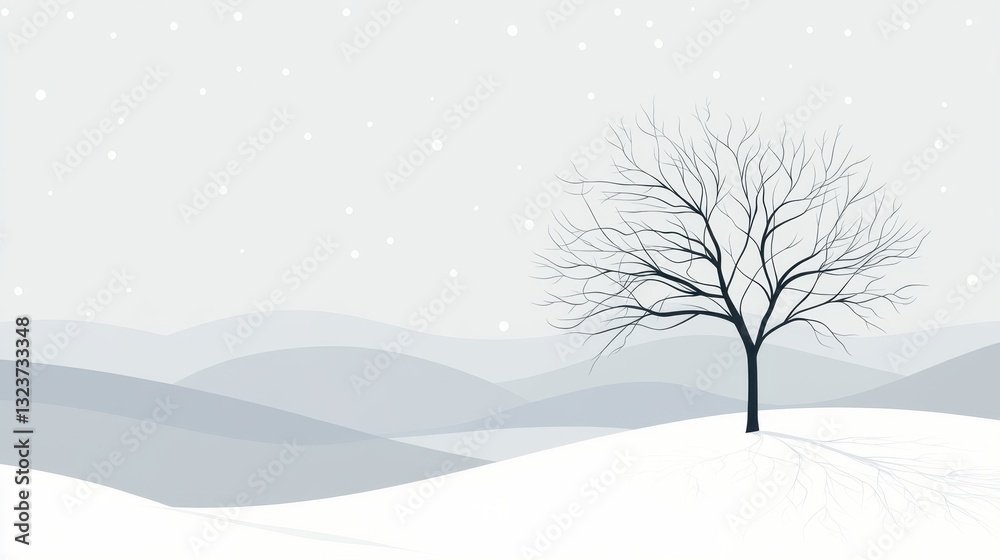 Fototapeta premium Minimalist Winter Landscape with Snow-Covered Hills and Bare Tree in Soft Gray Tones.
