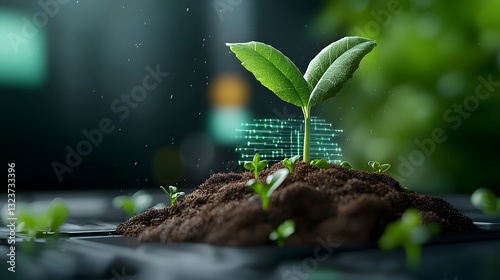 Lush green sprouts emerging from the earth intertwined with a pulsing digital network representing the symbiosis of natural and technological solutions for a sustainable future