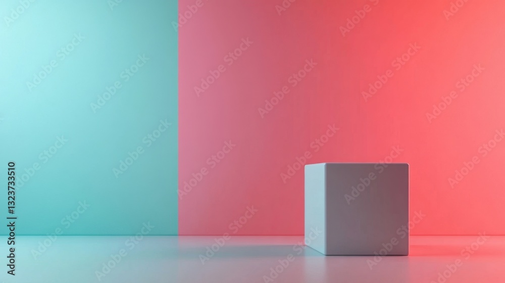 Minimalist Cube on a Two-Tone Coral and Turquoise Background for Product Display, Studio Setting. Minimalist Cube on a Two-Tone Coral and Turquoise Background for Product Display, Studio Setting.