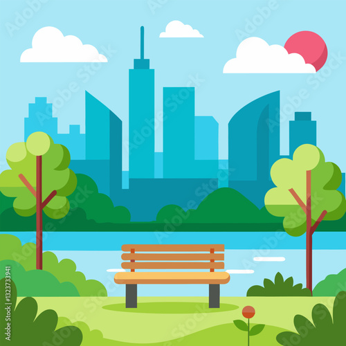City park on the lake with views of skyscrapers. Landscape of the park. bench under a tree on a beautiful embankment among flowers and green grass with bushes.
