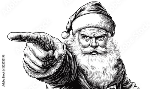 Santa claus pointing emphatically with intense gaze - black and white flat icons set, vector.
