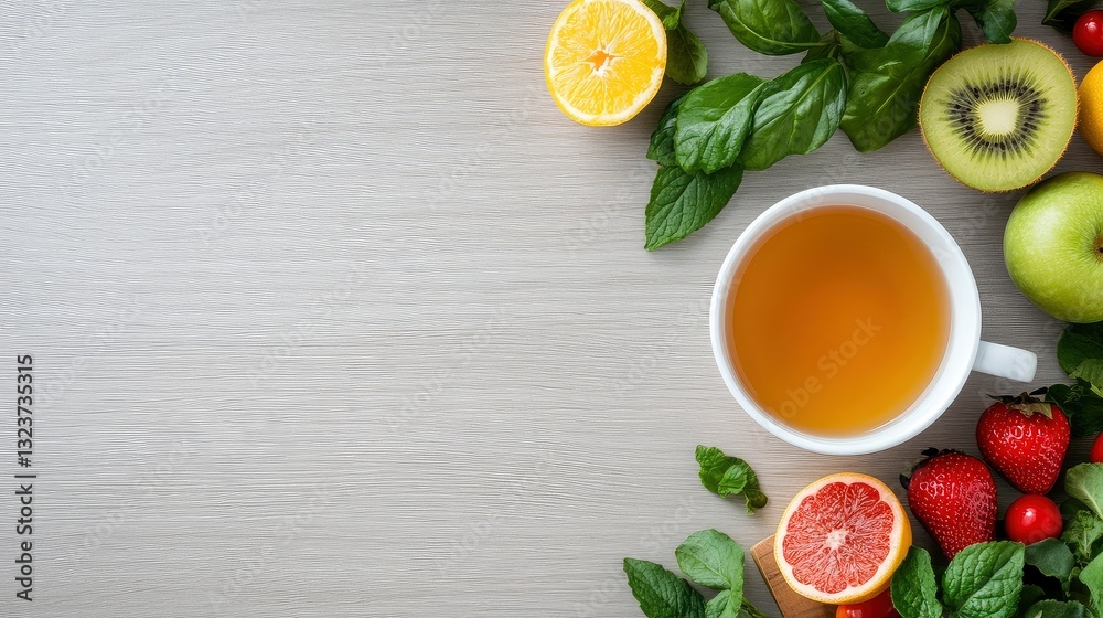 Top view of a cup of tea surrounded by fresh fruits and herbs on a light wooden table. Top view of a cup of tea surrounded by fresh fruits and herbs on a light wooden table.