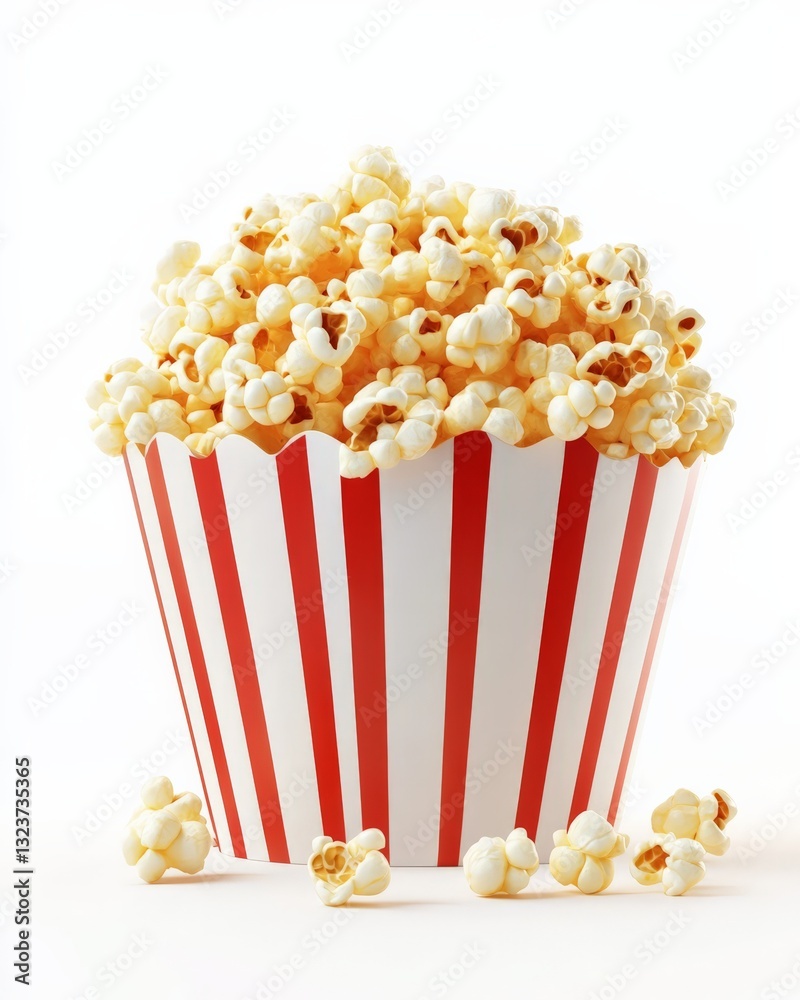 Close-up of striped popcorn bucket filled with popcorn on white background. Close-up of striped popcorn bucket filled with popcorn on white background.