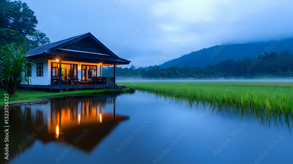 Warmly Lit Traditional House Reflected in Misty Mountain Lake at Dusk Warmly Lit Traditional House Reflected in Misty Mountain Lake at Dusk