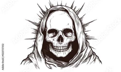 Grim reaper skull with hood and spikes in monochrome style, vector, linear icons set.