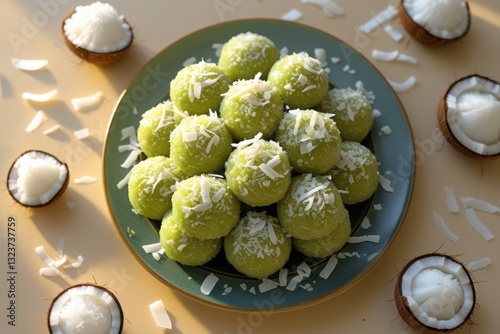A dish of warm green klepon with fresh coconut in soft golden light.