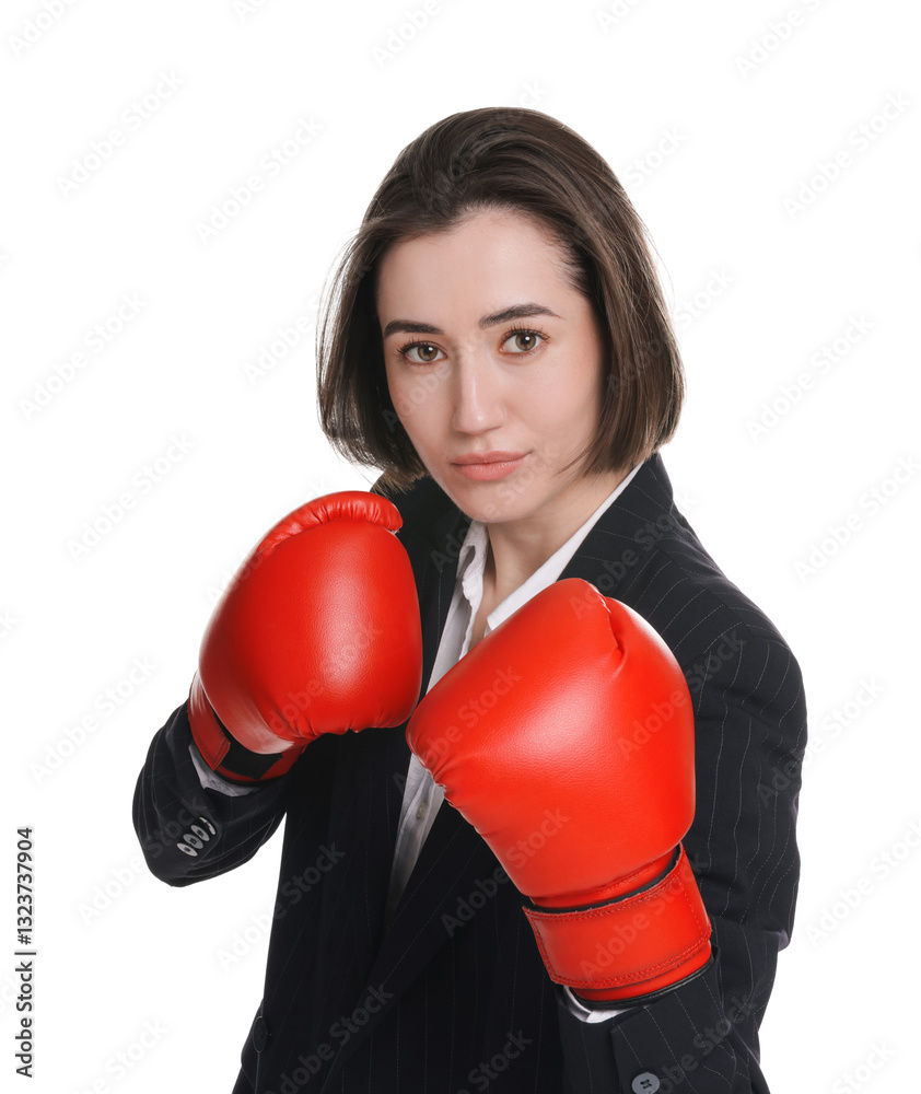Competition. Businesswoman in suit wearing boxing gloves on white background Competition. Businesswoman in suit wearing boxing gloves on white background